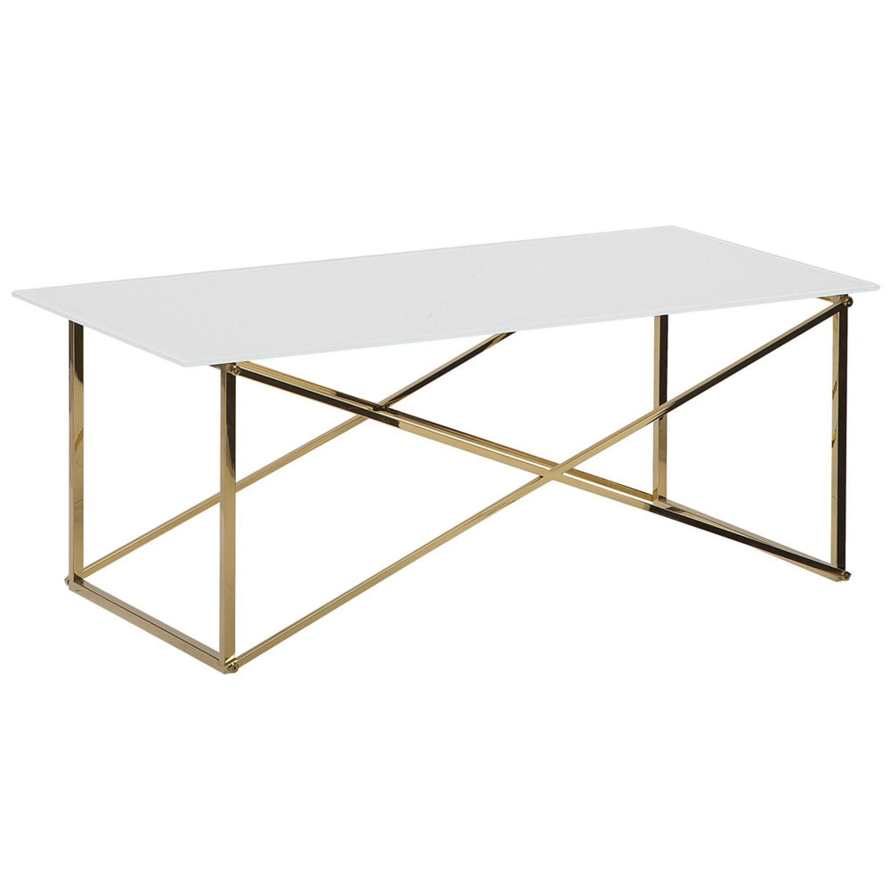 Tavolino Rettangolare Piano Bianco Gambe dorato Piano Vetro Temperato Base Acciaio Inox 100 x 50 cm Glam Minimalista