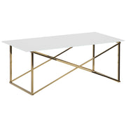 Tavolino Rettangolare Piano Bianco Gambe dorato Piano Vetro Temperato Base Acciaio Inox 100 x 50 cm Glam Minimalista
