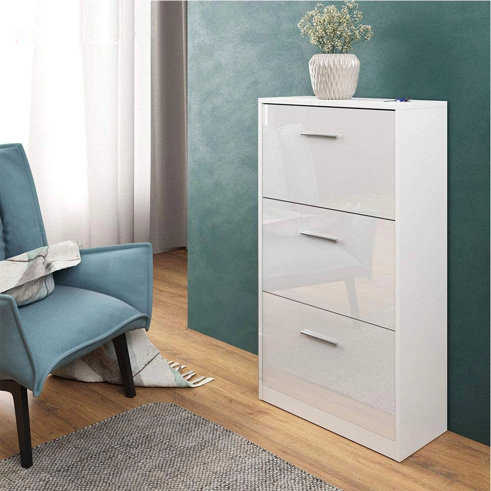 Scarpiera 3 Ante Ripiani Doppia Profondita in Legno 59x22x105 cm Bianco Lucido