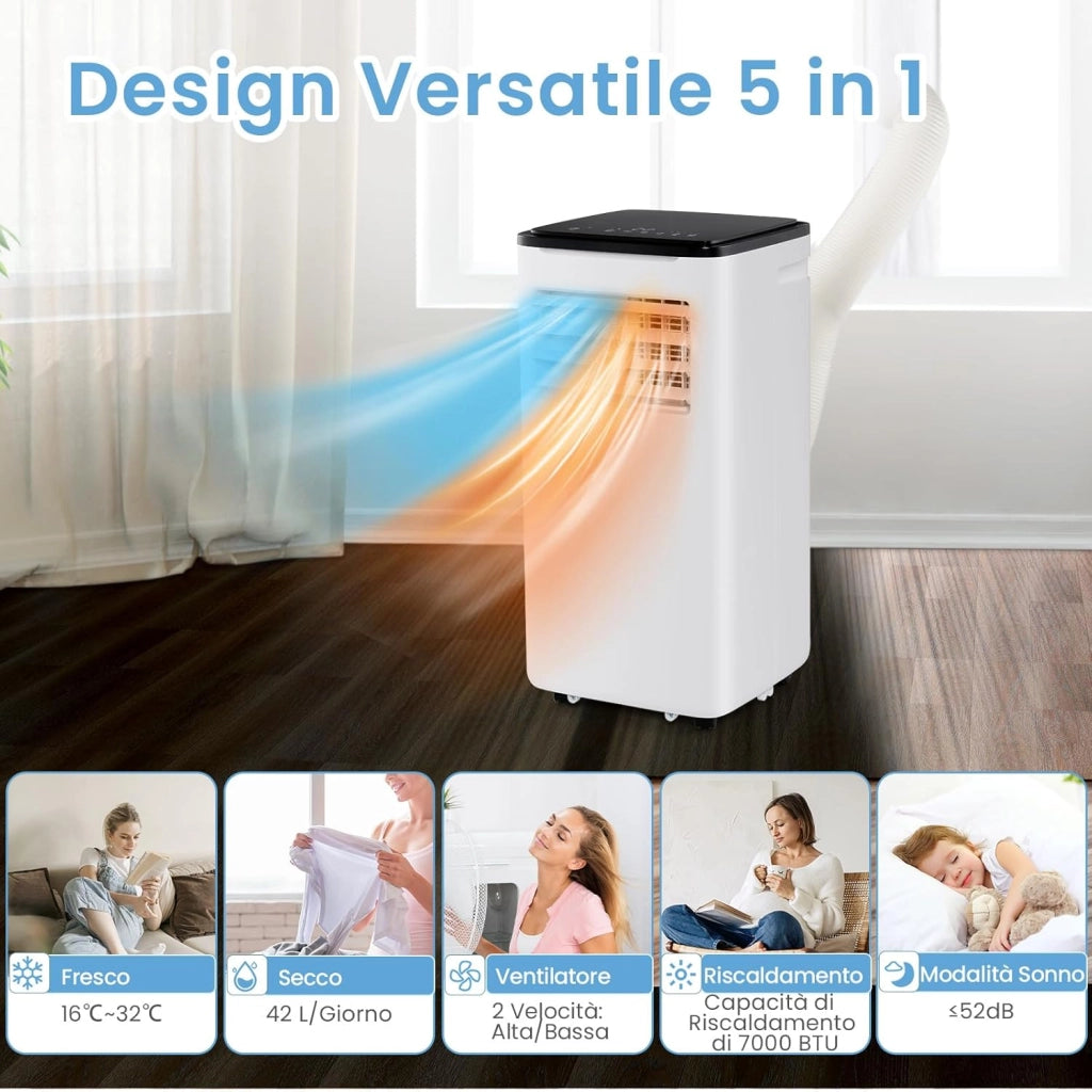 Condizionatore Portatile Caldo e Freddo, 9000BTU/2,6 kW, 5 in 1 con Raffreddamento, Riscaldamento, Ventola, Deumidificazione e Modalità Sonno, 24H Timer, R290