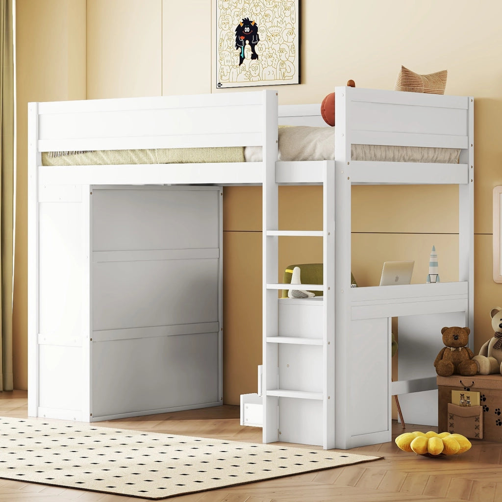 OKWISH Letto a Soppalco 90×200 cm, Letto Singolo con Armadio, Scrivania e 2 Cassetti, senza Materasso, in Pino e MDF, Bianco