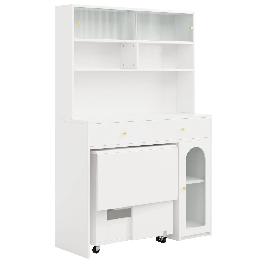 Set Mobile Cucina con Tavolo Pieghevole e Bartisch su Ruote ¨C Xylo ¨C Bianco