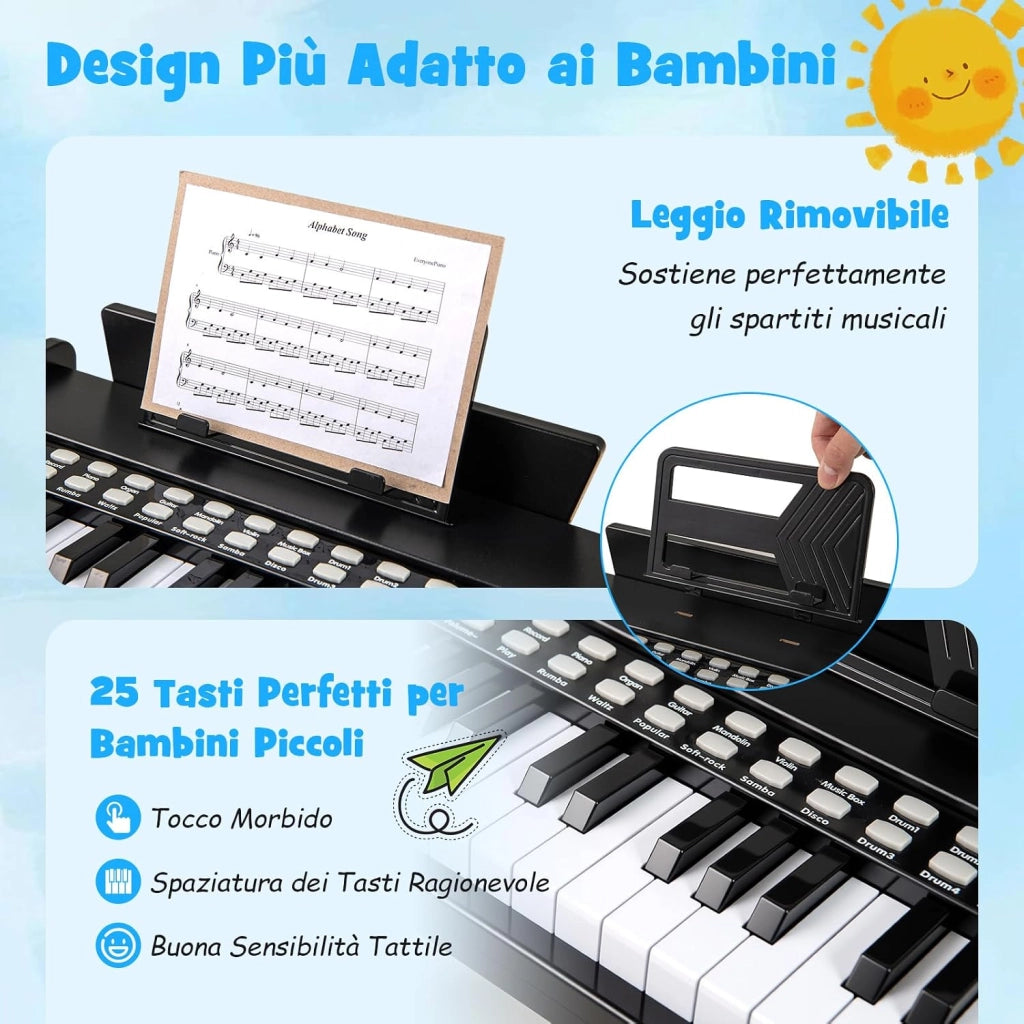 Tastiera Pianoforte per Bambini a 25 Tasti, Mini Pianoforte Digitale Giocattolo, con Velocità e Volume Regolabili, Tasto Luminoso e Leggio, Modalità Didattica, per 3+ Anni (Nero)