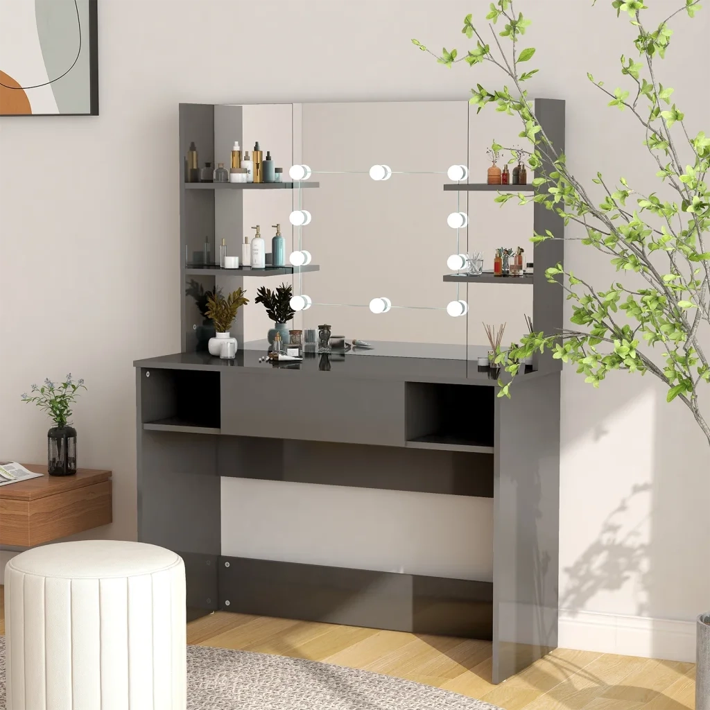 Toeletta | Tavolo da Trucco con Luci LED 100x40x135 cm in MDF Grigio Lucido