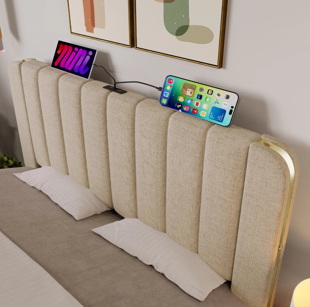 Letto matrimoniale imbottito 160x200 cm in lino beige con contenitore; USB e Type-C