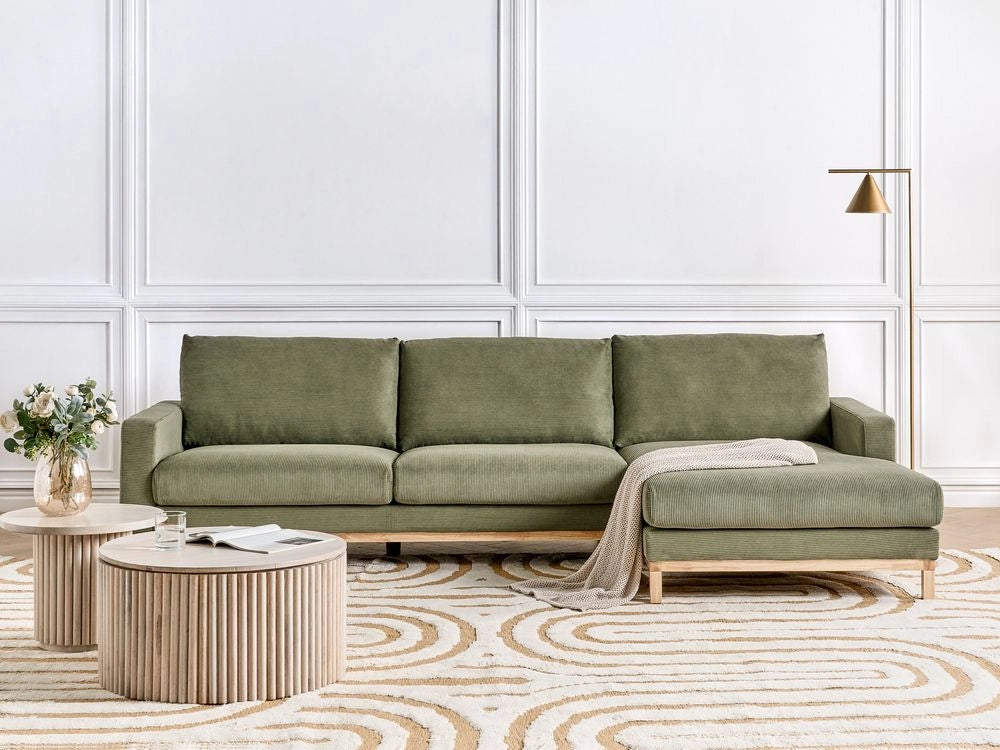 Divano angolare a sinistra Tappezzeria in corda jumbo verde Gambe in legno Elegante