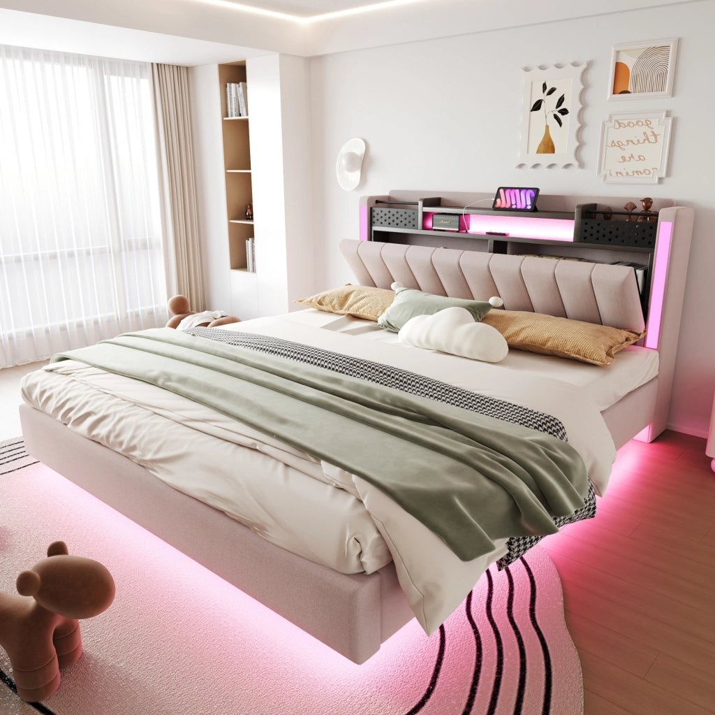 Letto imbottito 160x200 cm con LED e USB; testiera con contenitore e ripiani; tessuto lino beige