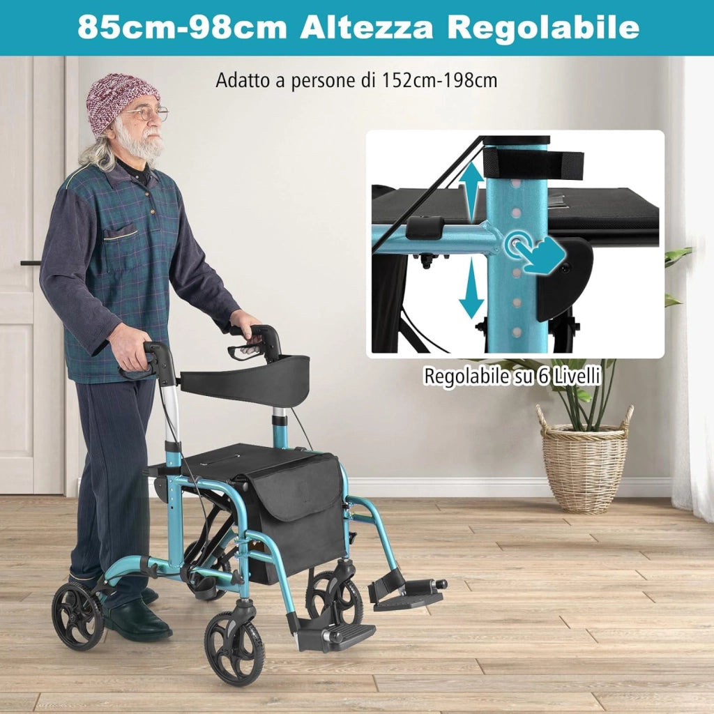 Deambulatore Multiuso 2 in 1, Deambulatore per Anziani in Alluminio con Altezza Regolabile a 6 Livelli, Poggiapiedi Pieghevole (Blu)