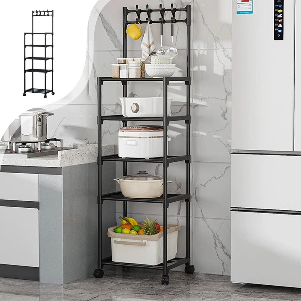 Trade Shop - Carrello Portaoggetti A 5 Ripiani Scaffale Multiuso Con Ruote Ganci Per Cucina Bagno Nero -