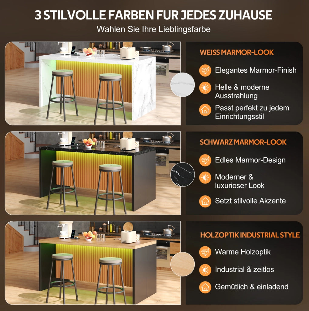Isola cucina industriale con LED, prese USB e piano 155 cm