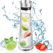 Karaf da acqua, 1 litro, karaf da acqua con coperchio, karaf di vetro, coperchio in acciaio inossidabile, vetro, karaf, contenitore di vetro per succhi di frutta, tè freddo, acqua calda e fredda