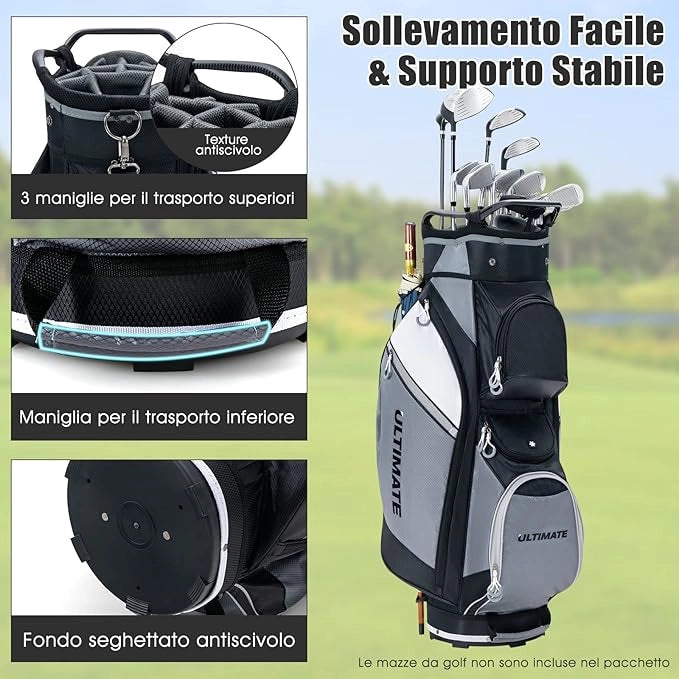 Borsa da Golf con 14 Divisori, Sacca per Mazze da Golf con Borsa Termica, Cappuccio Impermeabile, Maniglie e Tracolla, Ideale per Uomini e Donne, Nero e Grigio