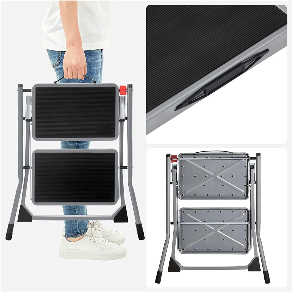 Sgabello pieghevole a 2 gradini larghezza gradino 20 cm gomma antiscivolo con maniglia portata 150 kg acciaio grigio 12_0005437