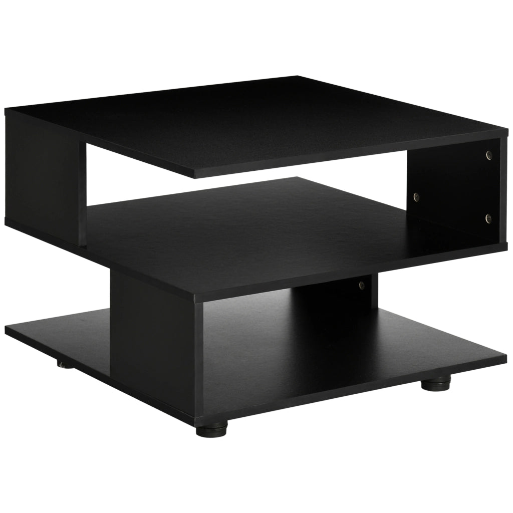 EasyComfort Tavolino da Caffè Asimmetrico in Legno con Ripiani e Piedini Regolabili, 60x60x45cm, Nero