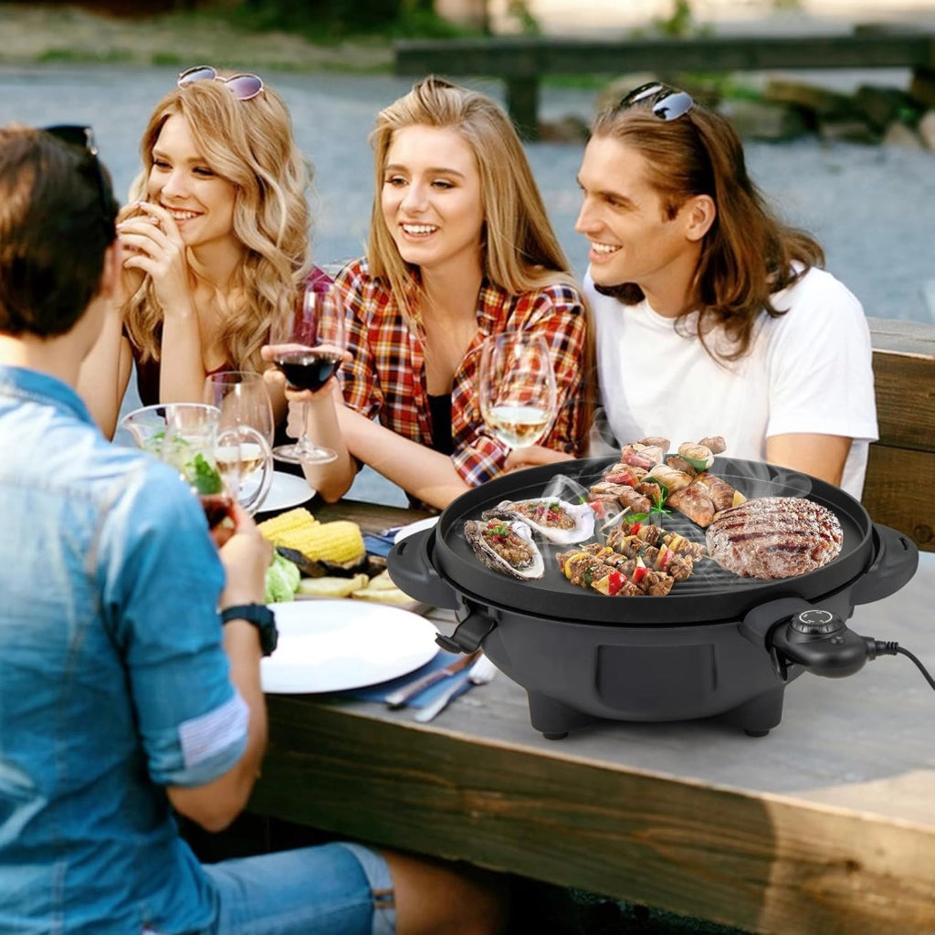 2 in 1 Barbecue Elettrico 1200W in Aluminio con Coperchio a Termometro, Barbecue da Tavolo con Mensola e Piedistalli, Griglia con Piastra Antiaderente per Interni ed Esterni, 63 x 63 x 100 cm