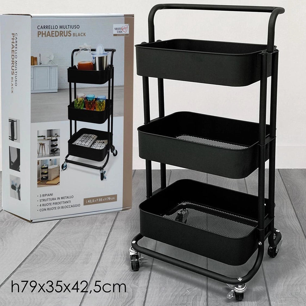 Trade Shop - Carrello Multiuso In Metallo A 3 Ripiani 4 Ruote Piroettanti Con Bloccaggio Portaoggetti -