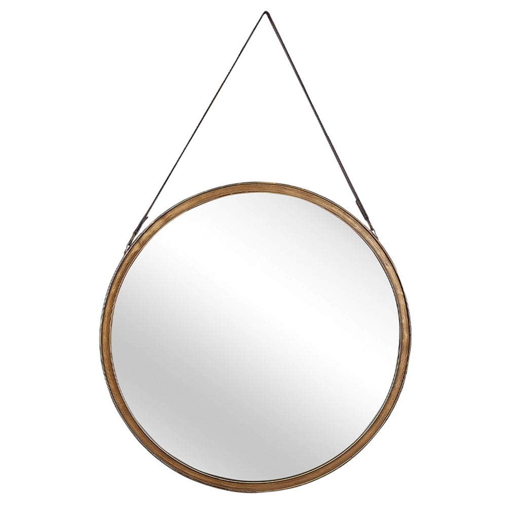 Specchio da parete con cinturino in finta pelle in metallo dorato anticato rotondo da 60 cm decorativo da appendere con moderno