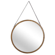 Specchio da parete con cinturino in finta pelle in metallo dorato anticato rotondo da 60 cm decorativo da appendere con moderno