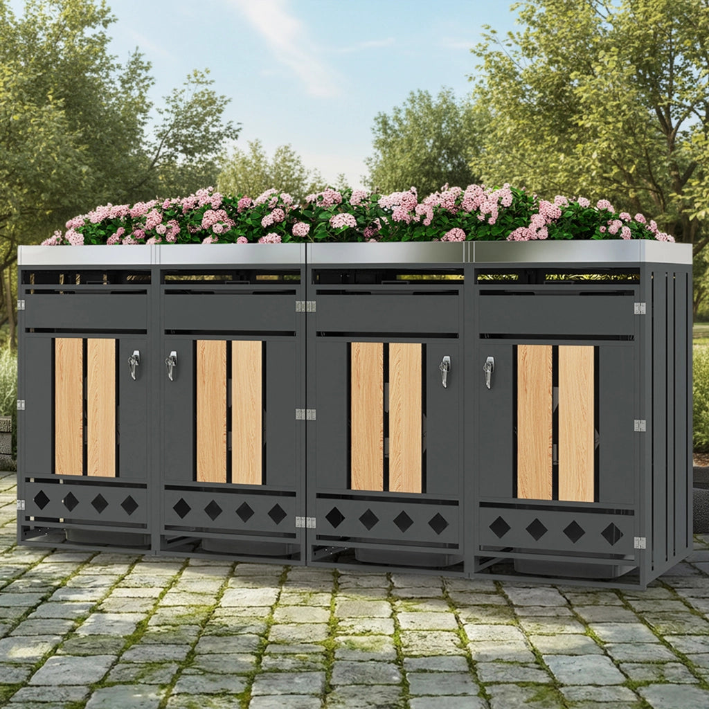Cassetta rifiuti da giardino con fori di ventilazione diamantati compartimenti multipli chiusura a chiave quattro porte spazio per piante finitura venatura legno resistente e funzionale per esterni