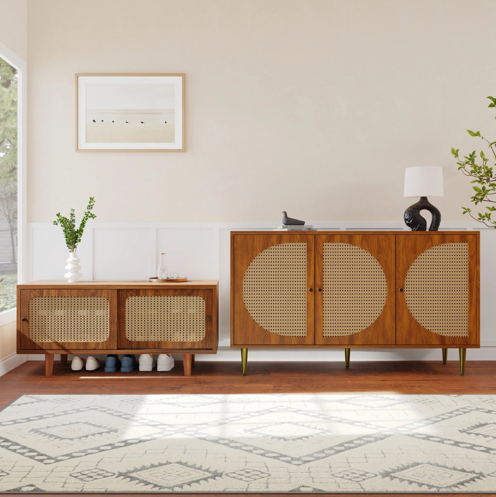 Set madia in rattan con scarpiera, finitura noce