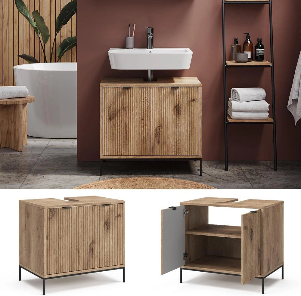 Mobiletto Eliza, Quercia vichinga, 70 x 63 cm con 2 porte, per la conservazione di articoli da bagno e prodotti per la cura personale