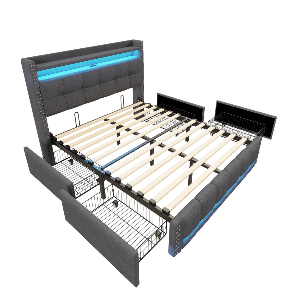 Letto imbottito 160x200 cm con LED; USB; ripiani e cassetto; lino grigio