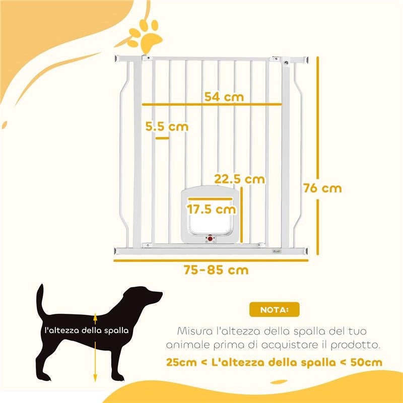 CANCELLO PER CANI E GATTI ESTENSIBILE CON GATTAIOLA INTEGRATA, IN ACCIAIO E ABS, 75-85X2X76 CM, BIANCO