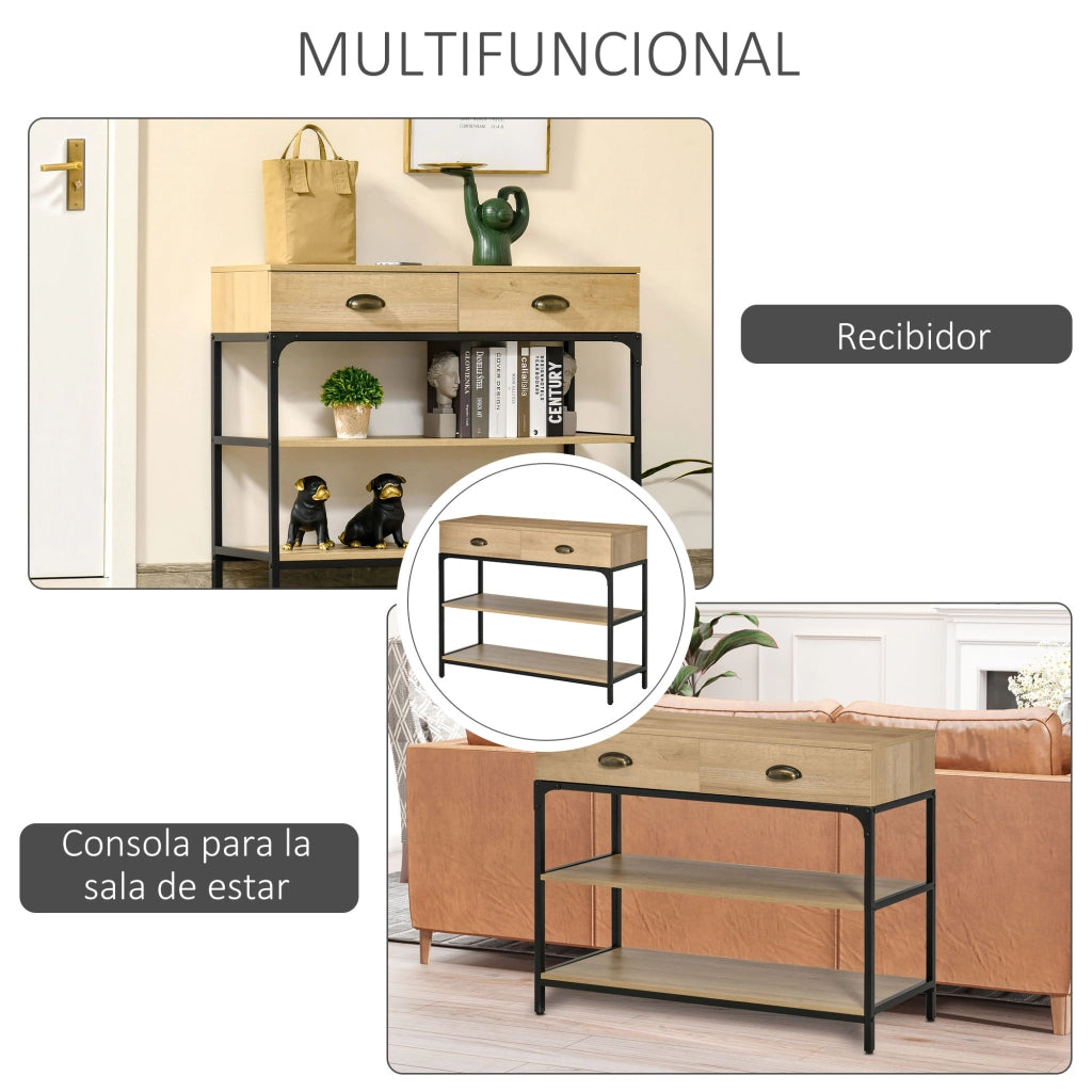 Tavolo da ingresso con 2 cassetti e 2 ripiani ¨C Zephmum ¨C 100x35x79 cm effetto rovere