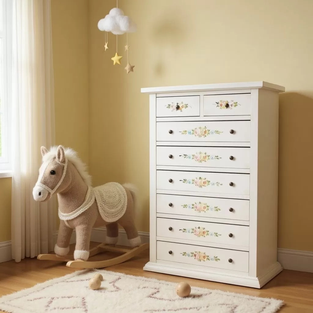 Cassettiera 8 cassetti legno shabby bianco anticato decori 87x40x125 - Mobili 2G