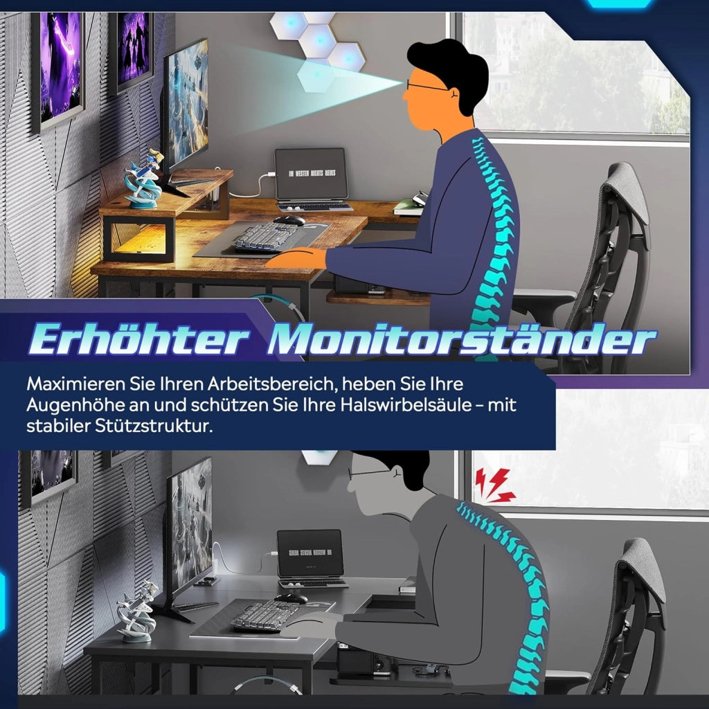 Scrivania angolare Gaming con LED RGB ¨C zephmum ¨C Vintage marrone 122x80 cm