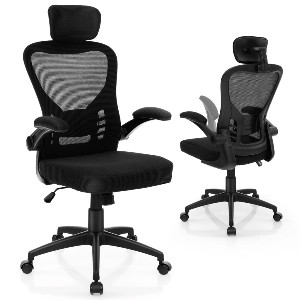 Sedia da ufficio ergonomica in rete con altezza regolabile braccioli ribaltabili, Sedia direzionale per studio Nero