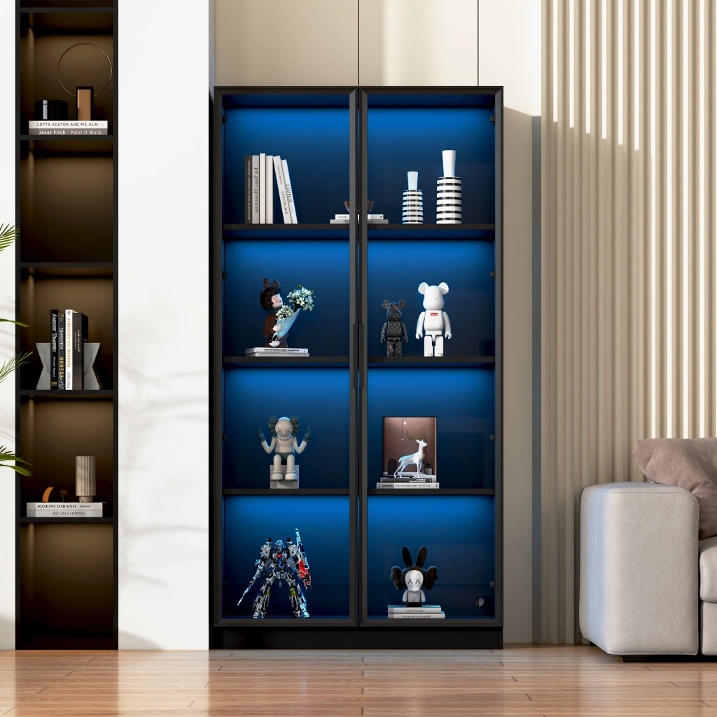 Vetrina con 4 Ante in Vetro e Telaio in Alluminio; LED Controllato via App; Ripiani Regolabili; Stile Moderno; in Truciolare; Nero