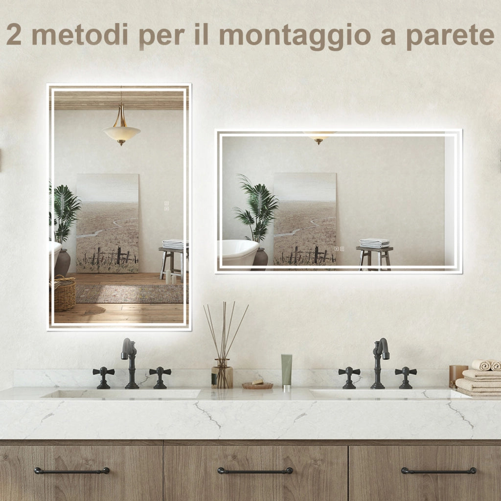 Specchio bagno Rettangolare 100x60cm Led Con 3 Luci + Bluetooth + Antiappannamento