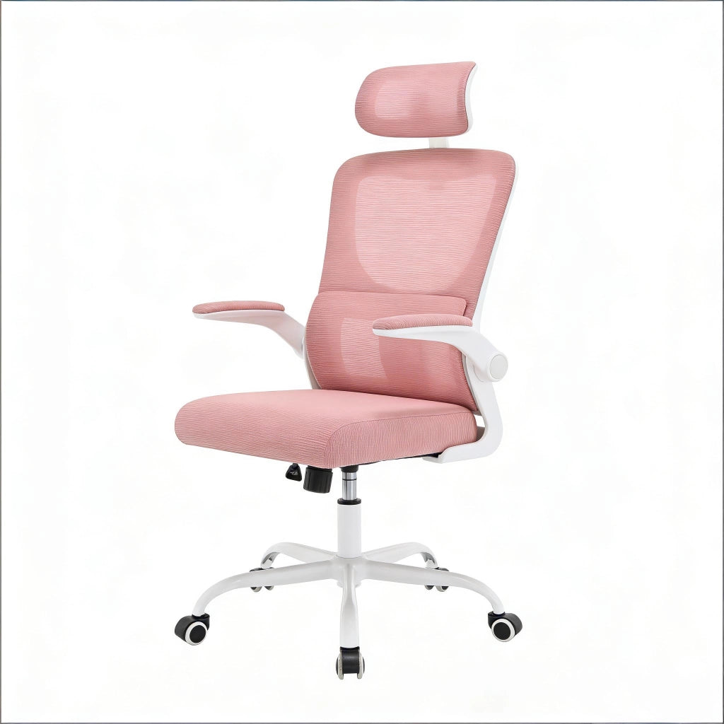 Sedia da ufficio ergonomica girevole rosa con schienale in rete, braccioli pieghevoli e ruote PU