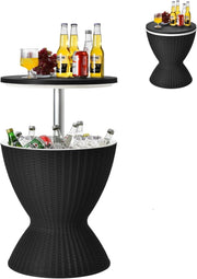 Tavolo Frigo da Giardino 3 in 1, Secchiello Ghiaccio Regolabile in Altezza 30L, con Coperchio Removibile & Foro di Scarico, 75 KG, Portaghiaccio per Giardino, Piscina, Campeggio