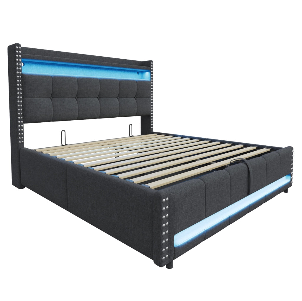 Letto matrimoniale imbottito 180x200 cm con LED, USB e contenitore