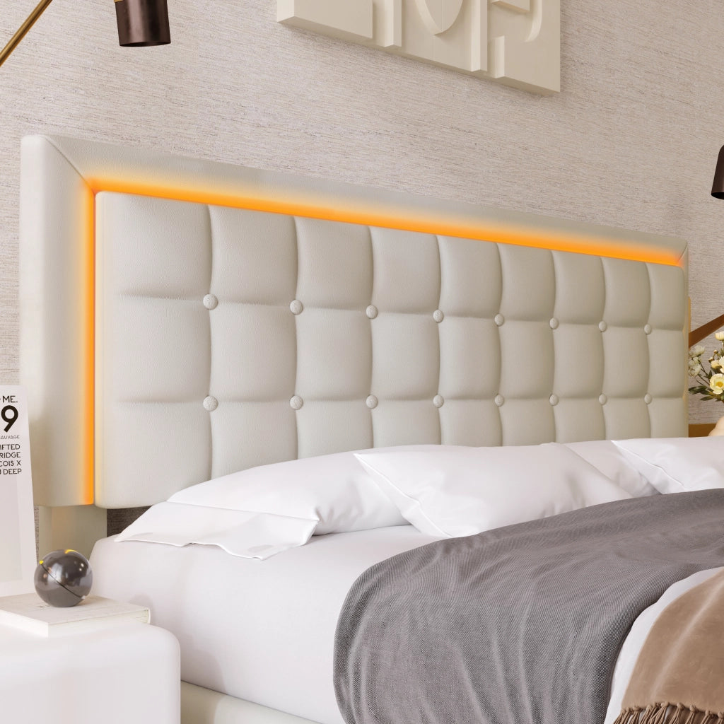 Letto contenitore matrimoniale 140 × 200 cm con illuminazione LED, contenitore idraulico e senza materasso, in PU bianco