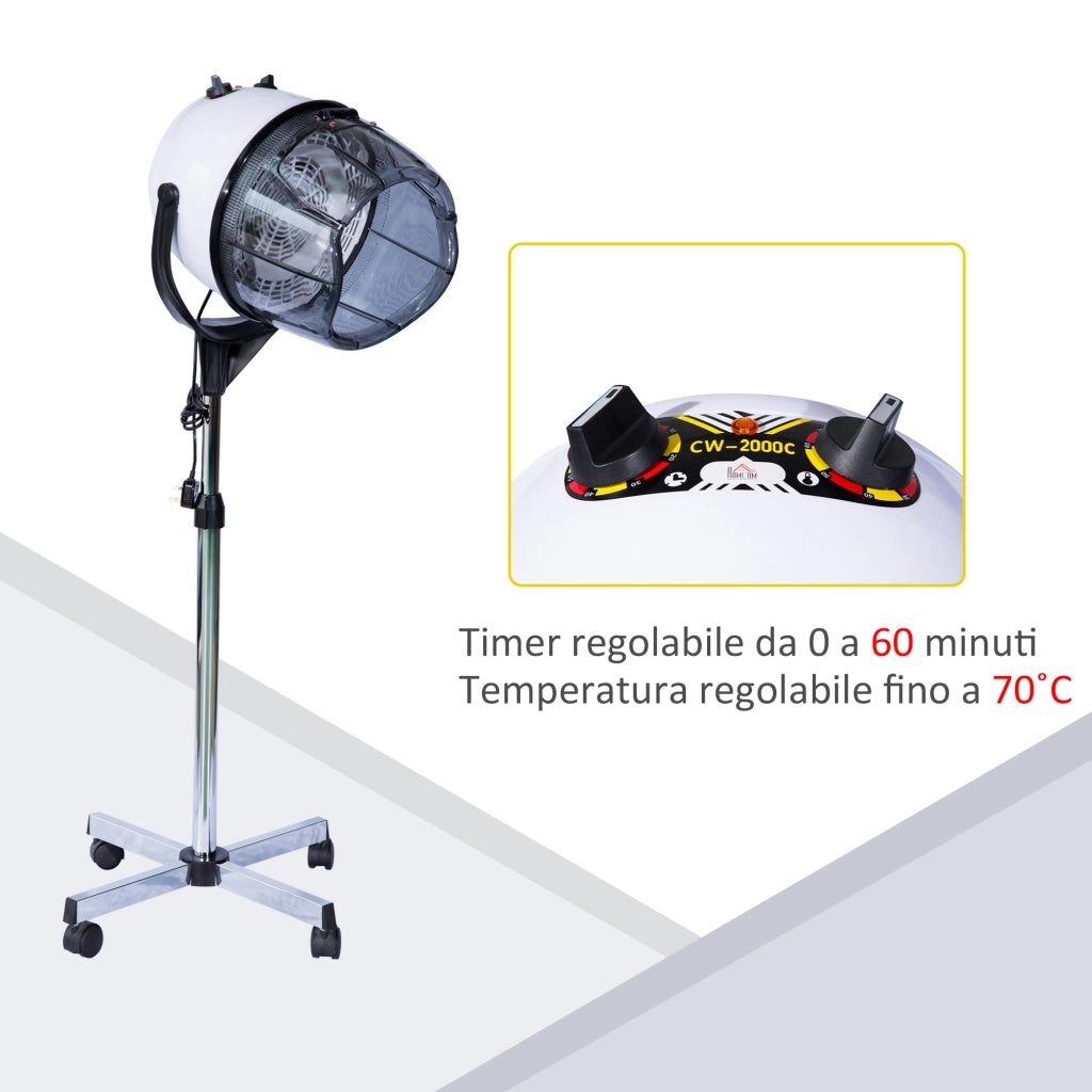 Casco Asciugacapelli con Timer e Ruote ¨C Zephmum ¨C Bianco 65x65x115-165 cm