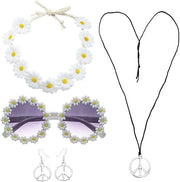 Costume da hippie 5 pezzi - Fascia per capelli fior di loto - Collana con simbolo della pace - Occhiali da sole rotondi - Orecchini - Materiale ecocompatibile - Kit di costume da hippie