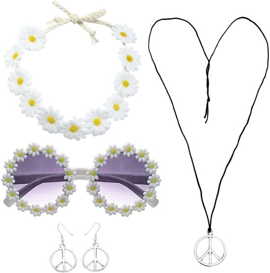 Costume da hippie 5 pezzi - Fascia per capelli fior di loto - Collana con simbolo della pace - Occhiali da sole rotondi - Orecchini - Materiale ecocompatibile - Kit di costume da hippie