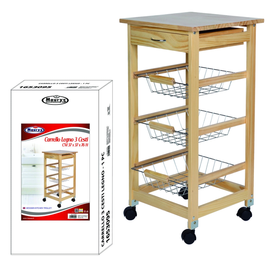 MAURY'S CARRELLO PORTAFRUTTA DA CUCINA CON 3 CESTI IN LEGNO 37 X 37 X H76 CM