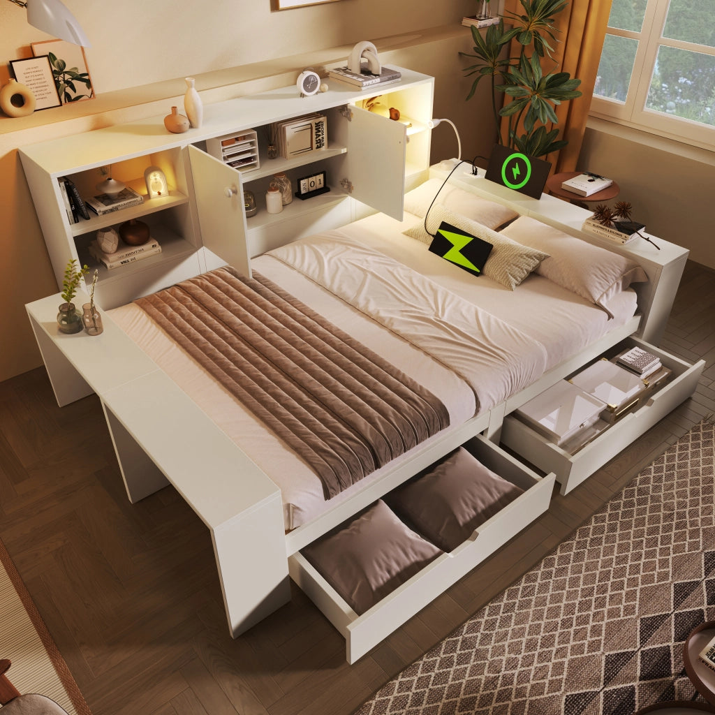 Letto Contenitore 140x200 con Cassetti e USB ¨C MINIMAL ¨C Bianco, Legno