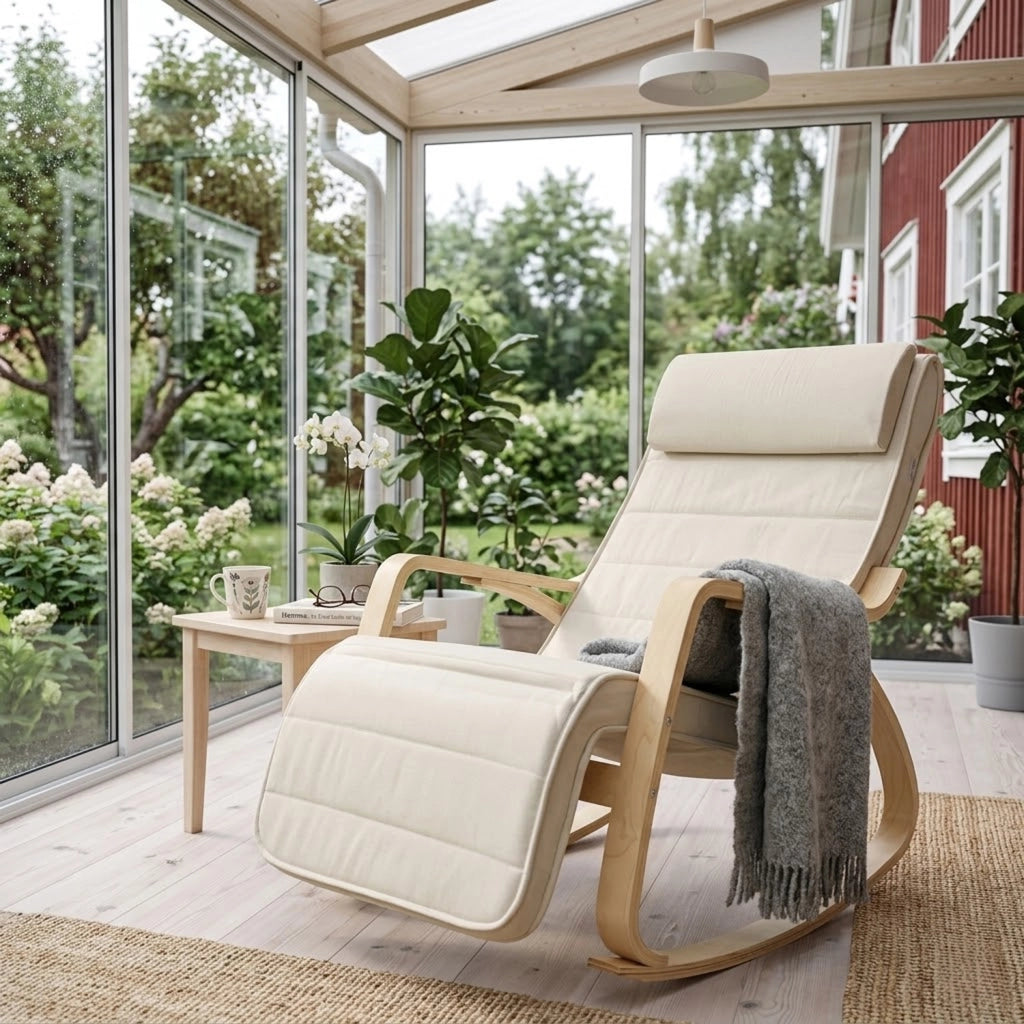 Sedia A Dondolo Reclinabile In Legno E Metallo Con Poggiapiedi Poltrona Regolabile 5 Posizioni Per Balcone Giardino Interno Esterno 121.5 x 55 x 84 Cm Beige