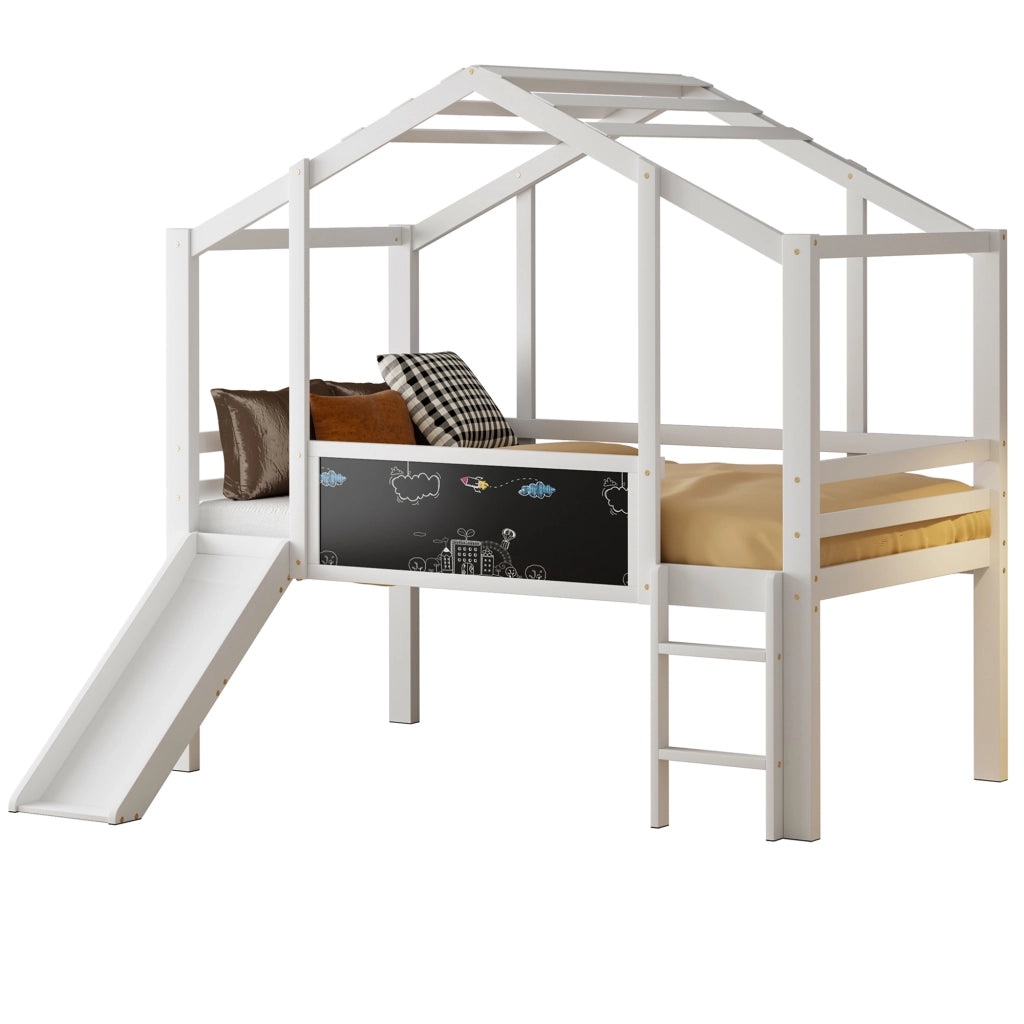 OKWISH Letto a Soppalco Bambini 90×200 cm, Letto Singolo con Scala di Sicurezza, Scivolo e Lavagna, senza Materasso, in Legno Massello, Bianco
