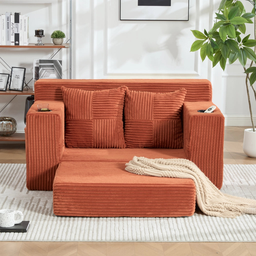 Divano pouf 151x133x64 cm con tasche laterali in velluto a coste arancione