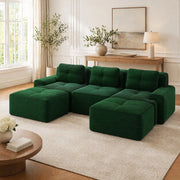 Divano modulare 293x177x69 cm in velluto a coste verde; seduta profonda e base antiscivolo