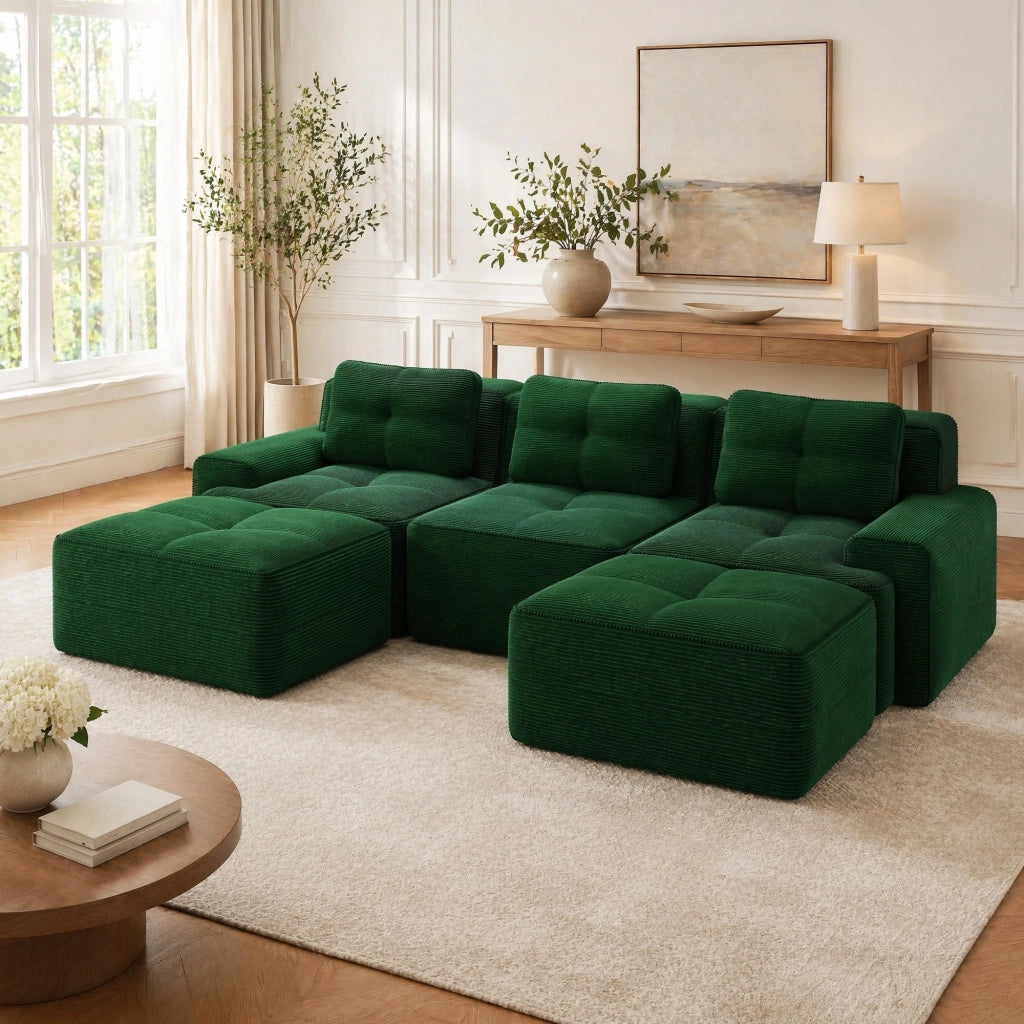 Divano modulare 293x177x69 cm in velluto a coste verde; seduta profonda e base antiscivolo