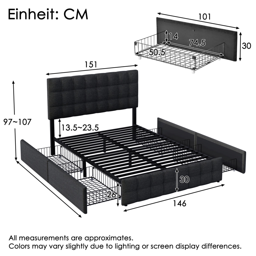 Letto imbottito 140x200 cm con 4 cassetti e testiera regolabile in lino nero