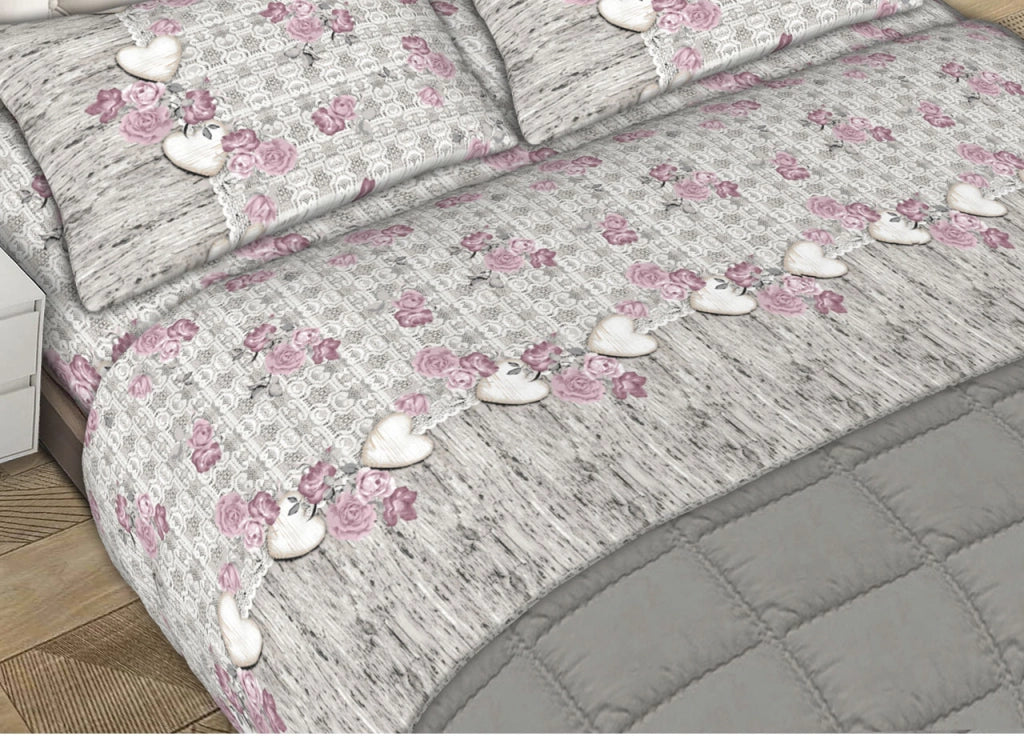 Completo Lenzuola Letto Matrimoniale 100% Cotone Made Italy Dis. Lara CN - 2 Piazze - Rosa