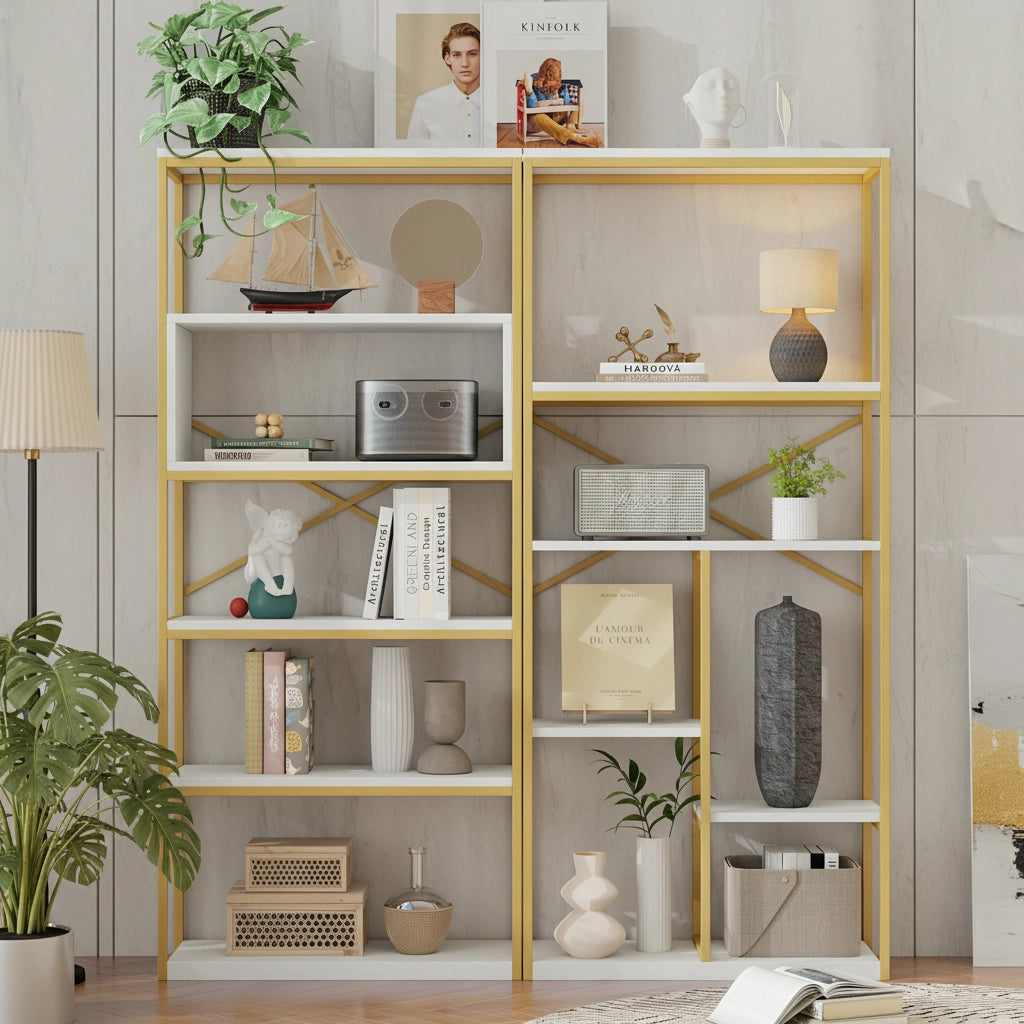 Libreria moderna 160 x 29,5 x 180 cm in MDF e metallo, struttura rettangolare stabile, finitura oro e bianco